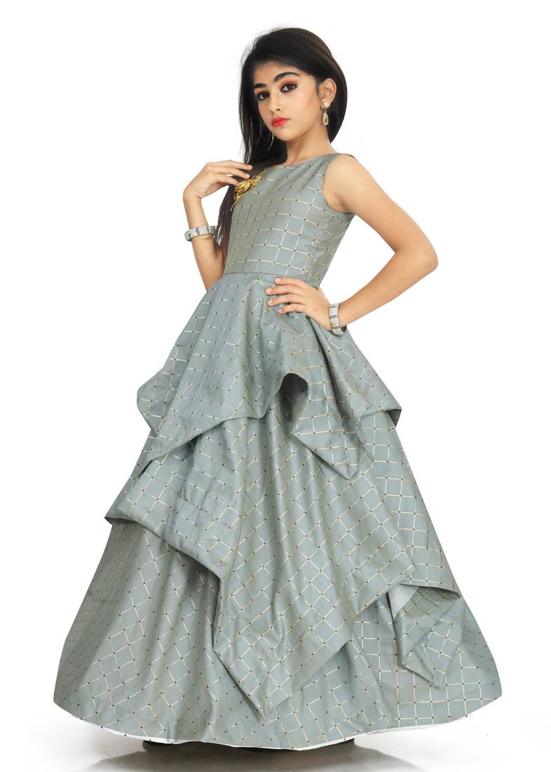 Kids Grey Long Gown Dress For Girls
