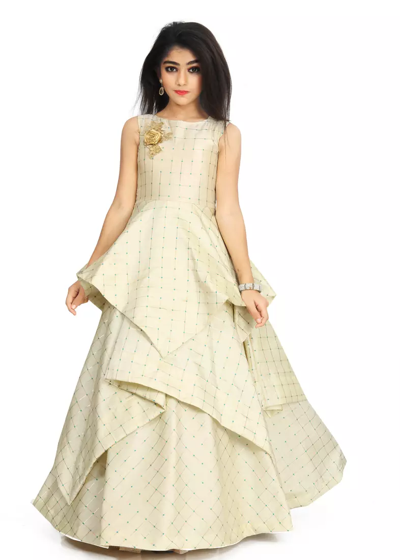 Kids White Cotton Silk Gown Dress 