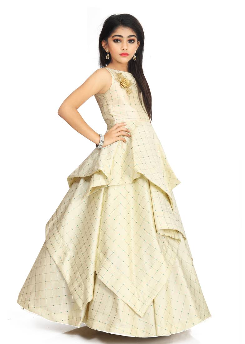 Kids White Cotton Silk Gown Dress 