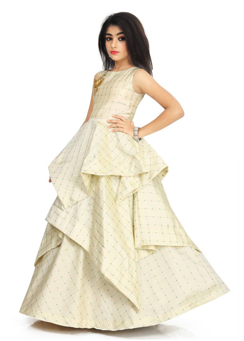 Kids White Cotton Silk Gown Dress 
