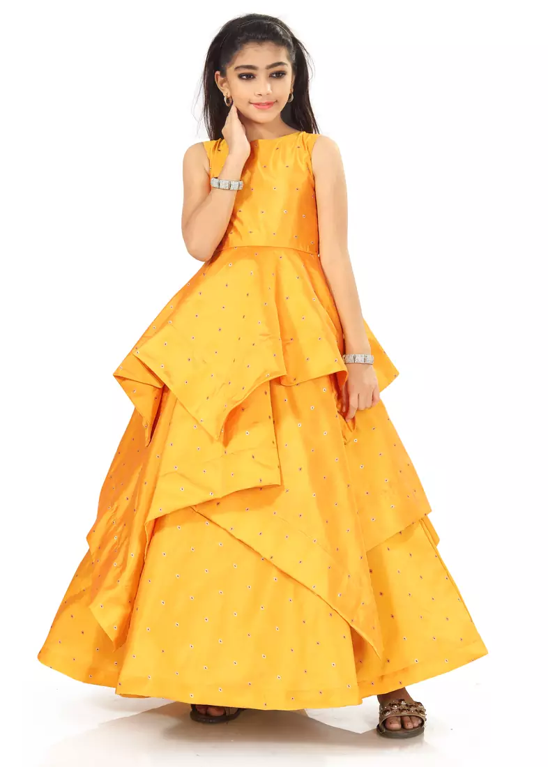 Kids  Yellow Cotton Silk Gown Dress