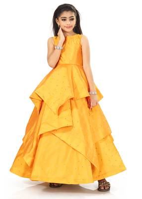 Kids  Yellow Cotton Silk Gown Dress 1
