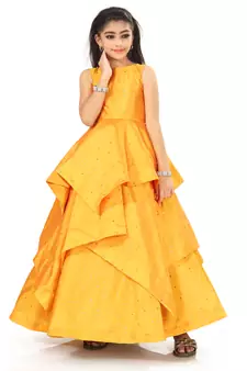 Kids  Yellow Cotton Silk Gown Dress