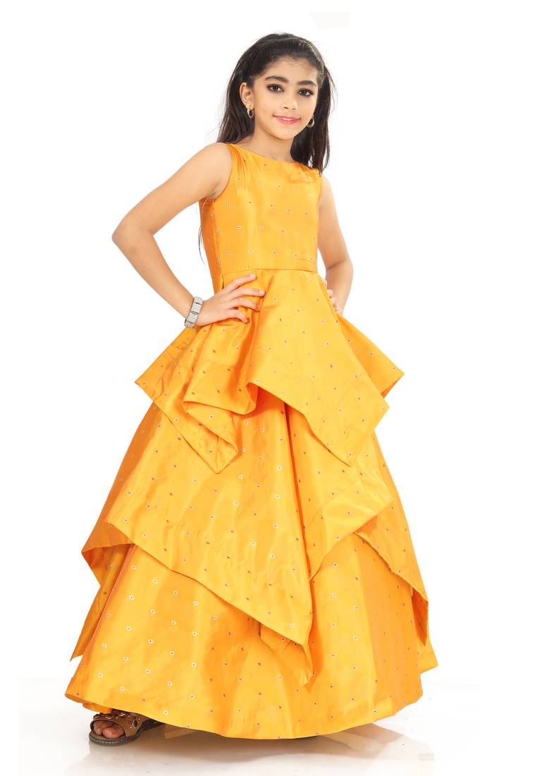 Kids  Yellow Cotton Silk Gown Dress