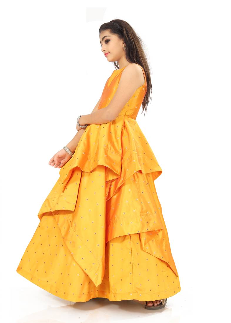 Kids  Yellow Cotton Silk Gown Dress