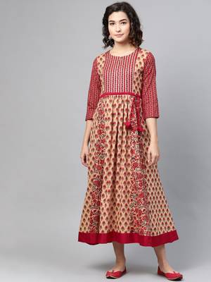 Maroon printed cotton long-dresses 1