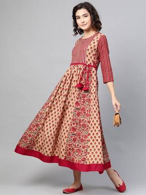 Maroon printed cotton long-dresses 4