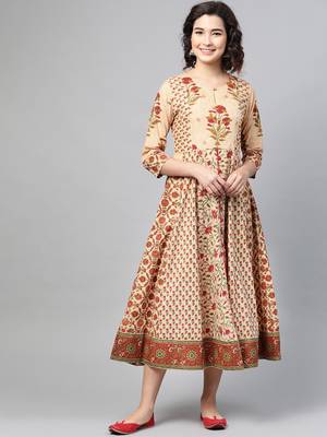 Beige printed cotton long-dresses 1