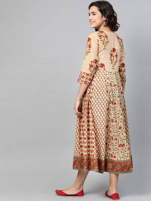 Beige printed cotton long-dresses 2
