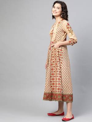 Beige printed cotton long-dresses 3