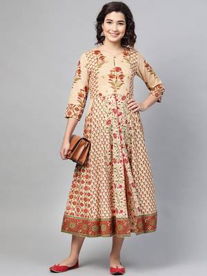 Beige printed cotton long-dresses 4