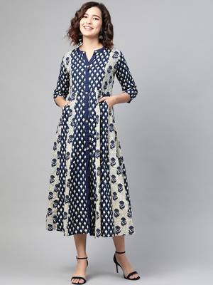 Navy-blue printed cotton long-dresses 1