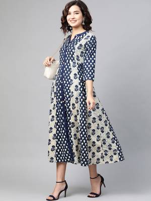 Navy-blue printed cotton long-dresses 3