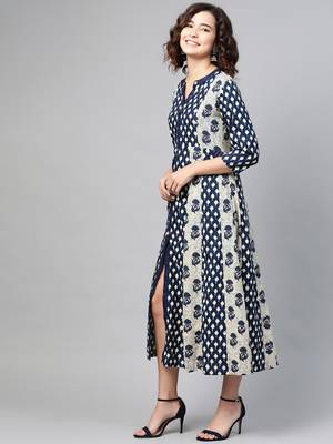 Navy-blue printed cotton long-dresses 4