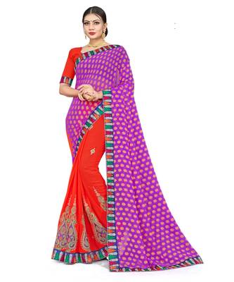 Sangam Prints Purple & Red Georgette Embroidery Work Traditional Saree 1