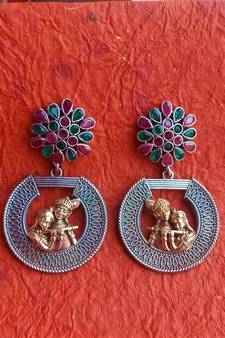 Indian Tradional Hand crafted Silver look alike Dual tone Brass Earrings for Women & Girls