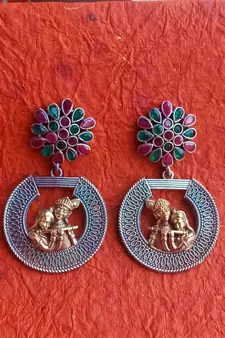 Indian Tradional Hand crafted Silver look alike Dual tone Brass Earrings for Women & Girls