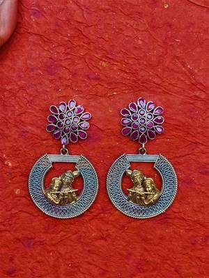 Indian Tradional Hand crafted Silver look alike Dual tone Brass Earrings for Women & Girls 2