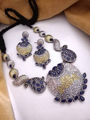 Indian Tradional Hand crafted Oxidized Brass Dual tone Necklace set with Earrings for Women & Girls 1