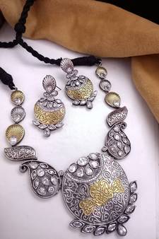 Indian Tradional Hand crafted Oxidized Brass Dual tone Necklace set with Earrings for Women & Girls