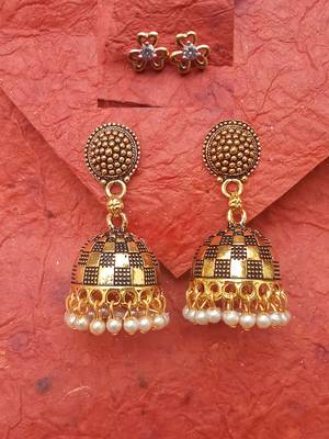 2pair of Oxidized Gold plated  metal jhumki and American Diamond stud Earrings for women & Girls 1