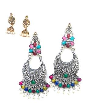 2 pair of Oxidized Gold/ silver plated Alloy metal jhumki Earrings for women & Girls 1