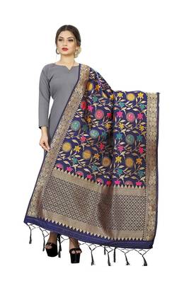 Navy Blue Banarasi Silk Jacquard Woven Dupatta 1