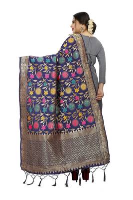Navy Blue Banarasi Silk Jacquard Woven Dupatta 2