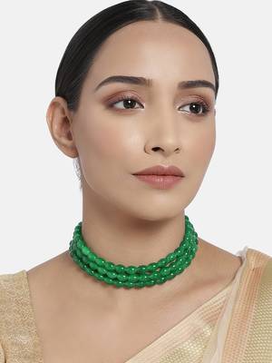 Handcrafted 3 Layer Light Weighted Emerald Beaded Choker For Women/ Girls  2