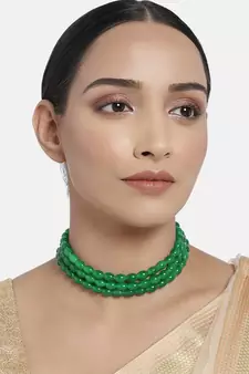 Handcrafted 3 Layer Light Weighted Emerald Beaded Choker For Women/ Girls 