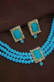 Traditional Handcrafted Turquoise Beaded Choker with Earrings For Women/Girls 