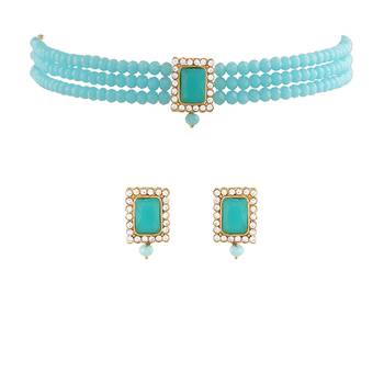 Traditional Handcrafted Turquoise Beaded Choker with Earrings For Women/Girls  4