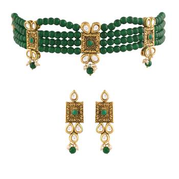 Traditional Handcrafted Kundan & Pearl Beaded Choker with Earrings For Women/Girls  1