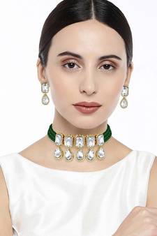 Traditional Handcrafted Beaded Emerald Choker with Earrings For Women/Girls (ML249G)