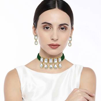 Traditional Handcrafted Beaded Emerald Choker with Earrings For Women/Girls (ML249G) 1