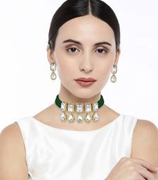 Traditional Handcrafted Beaded Emerald Choker with Earrings For Women/Girls (ML249G)