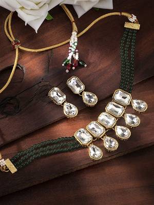 Traditional Handcrafted Beaded Emerald Choker with Earrings For Women/Girls (ML249G) 2