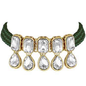 Traditional Handcrafted Beaded Emerald Choker with Earrings For Women/Girls (ML249G) 3