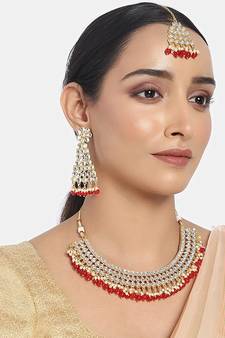 Traditional Handcrafted Faux Kundan & Pearl Studded Necklace Set with Earrings & Maang Tikka (M4111R)