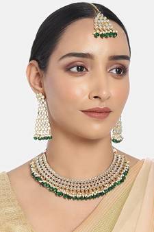 Traditional Handcrafted Faux Kundan & Pearl Studded Necklace Set with Earrings & Maang Tikka (M4111G)