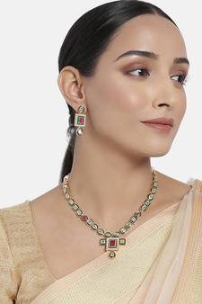 Traditional Handcrafted Beaded Ruby Jewellery Set Glided With Uncut Polki Kundans For Women (P0006)