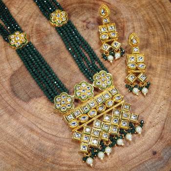 Uncut Polki Kundan Brass Jewellery Set With Earrings Emerald Crystal Onyx Long Mala for Women (ML252G) 1