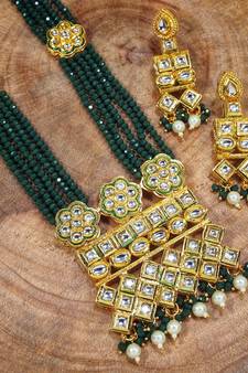 Uncut Polki Kundan Brass Jewellery Set With Earrings Emerald Crystal Onyx Long Mala for Women (ML252G)