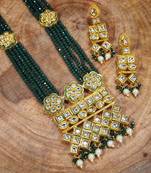 Uncut Polki Kundan Brass Jewellery Set With Earrings Emerald Crystal Onyx Long Mala for Women (ML252G)