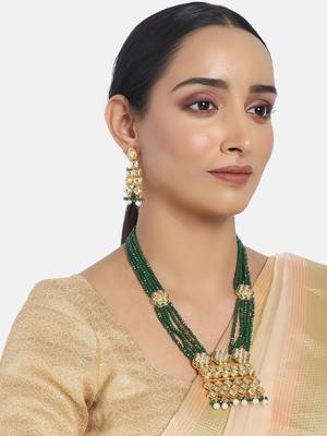 Uncut Polki Kundan Brass Jewellery Set With Earrings Emerald Crystal Onyx Long Mala for Women (ML252G) 2