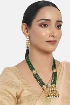 Uncut Polki Kundan Brass Jewellery Set With Earrings Emerald Crystal Onyx Long Mala for Women (ML252G)