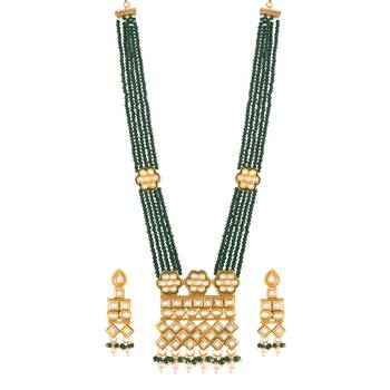 Uncut Polki Kundan Brass Jewellery Set With Earrings Emerald Crystal Onyx Long Mala for Women (ML252G) 3