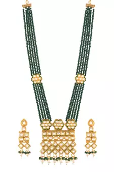 Uncut Polki Kundan Brass Jewellery Set With Earrings Emerald Crystal Onyx Long Mala for Women (ML252G)