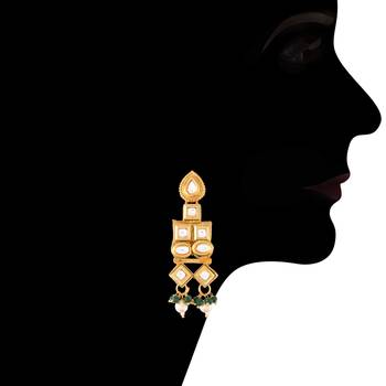 Uncut Polki Kundan Brass Jewellery Set With Earrings Emerald Crystal Onyx Long Mala for Women (ML252G) 4