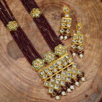 Uncut Polki Kundan Brass Jewellery Set With Earrings and Ruby Crystal Onyx Long Mala for Women (ML252M) 1